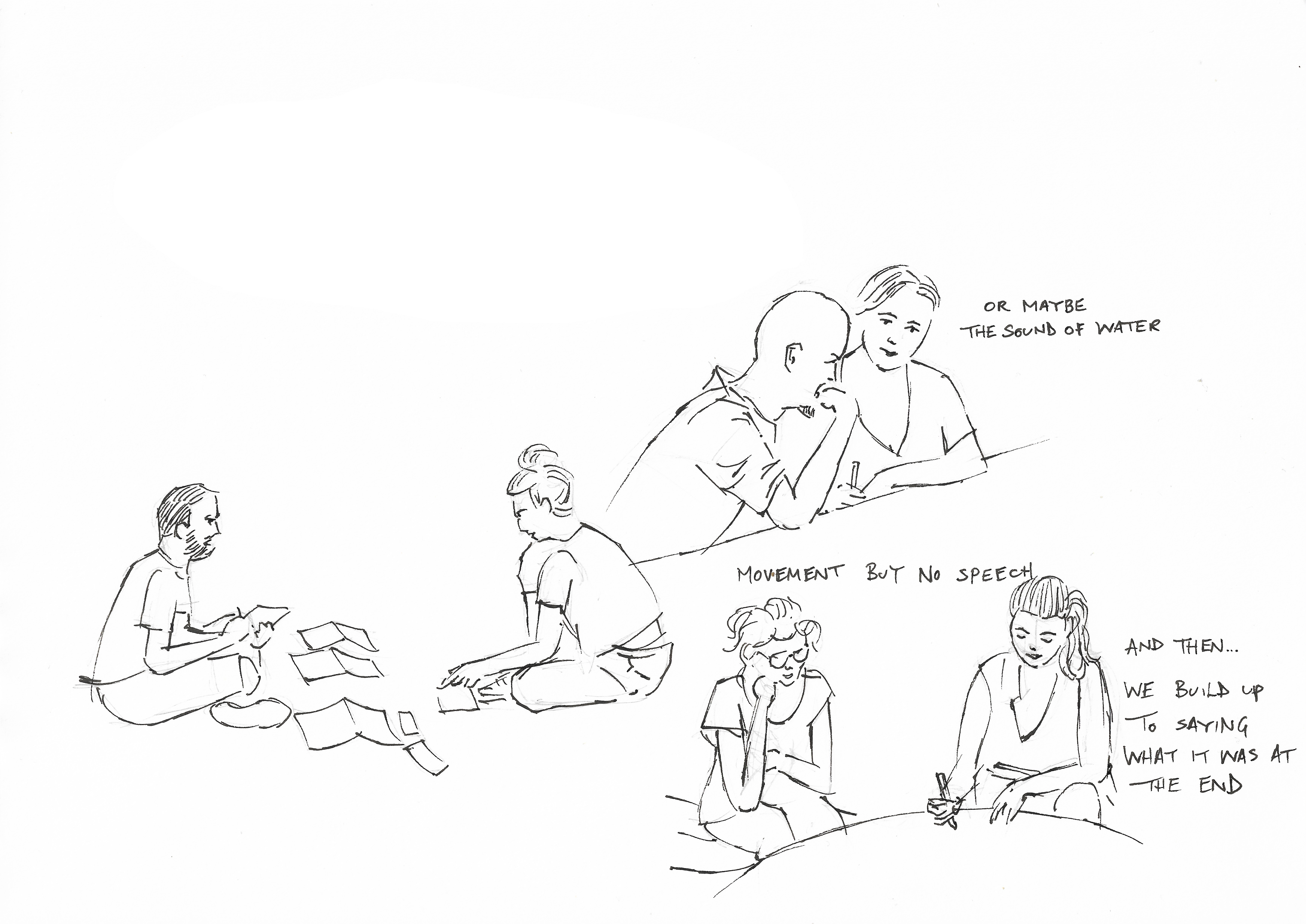 Drawing of people discussing and writing